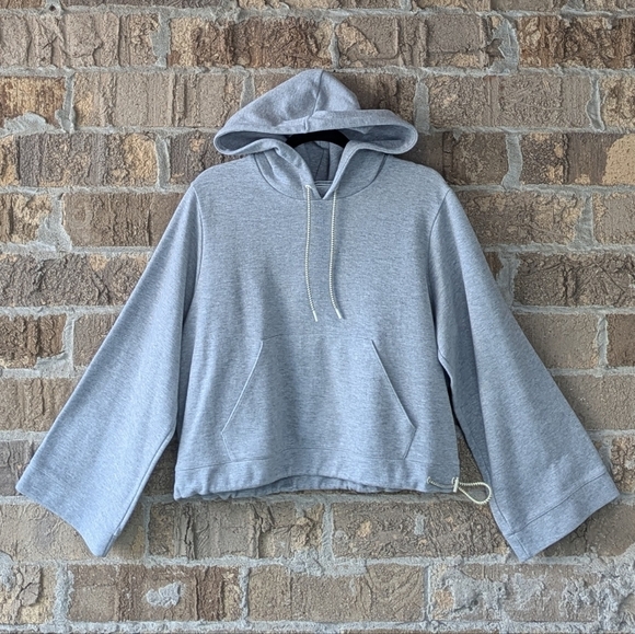 J. Crew Crop Hoodie Heather Gray Oversized Boxy Wide Sleeves Bungee Hem Medium - Picture 1 of 9